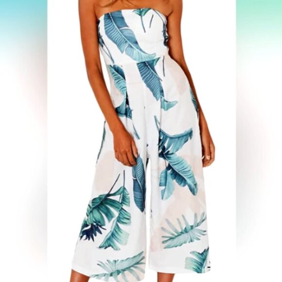Eiffel Strapless Wide Leg Jumpsuit Sz L Tropical Floral Palm Leave Print 121A - Picture 3 of 11